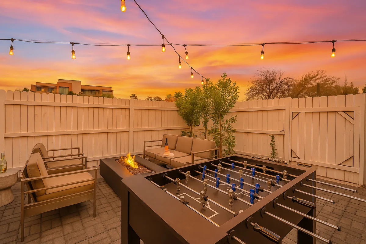 A vibrant backyard scene featuring a modern foosball table, inviting outdoor seating, twinkling string lights above, and a cozy fire pit. The area is surrounded by lush greenery and set aglow by the colors of sunset, evoking a sense of fun and relaxation.