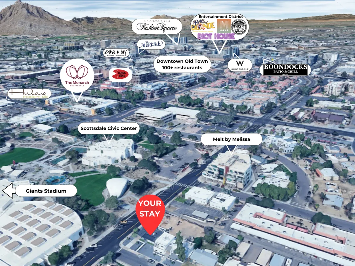 This dynamic view captures the heart of Downtown Old Town Scottsdale, including the Scottsdale Civic Center, Giants Stadium, and bustling streets lined with restaurants and shops. The image conveys energy and activity, with people engaged in dining, shopping, and attending local events.