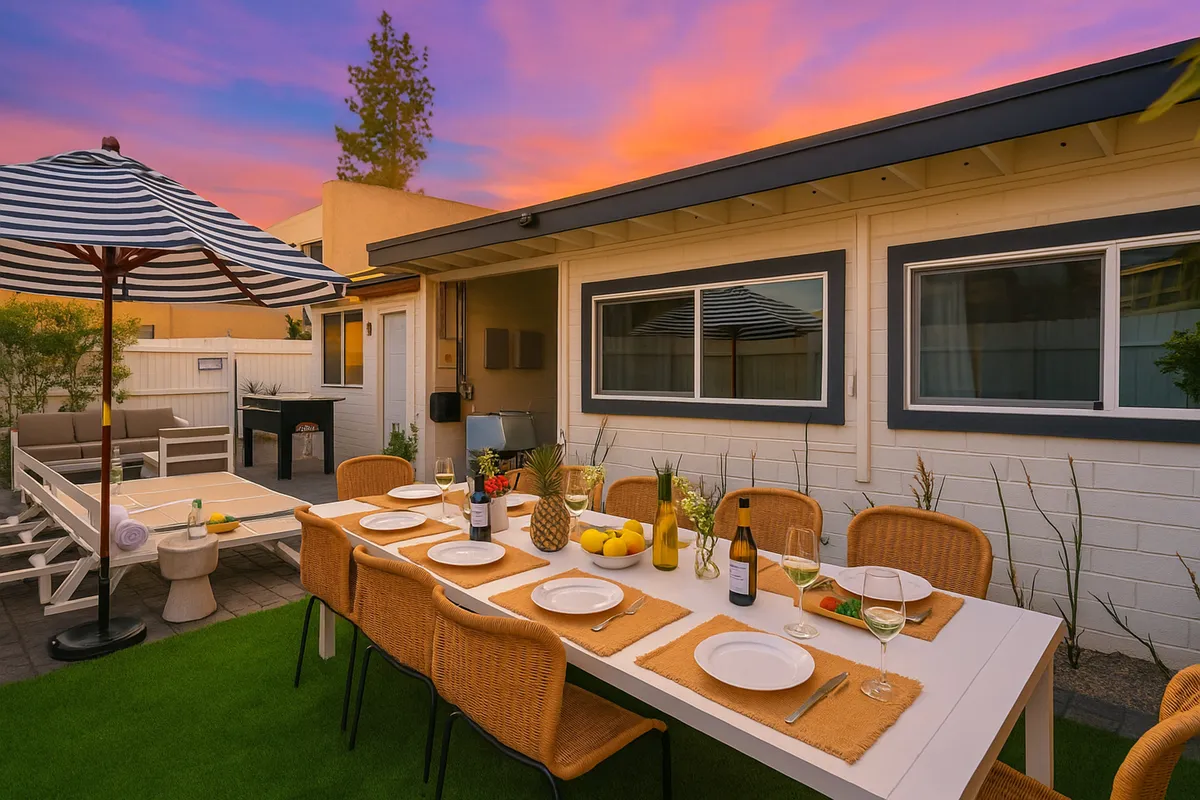This exterior image features a stylish outdoor dining area with a table set under a large umbrella, comfortable seating, a grill, and decorative fruits. The space is surrounded by greenery and bathed in warm light, evoking a sense of relaxation and social enjoyment.