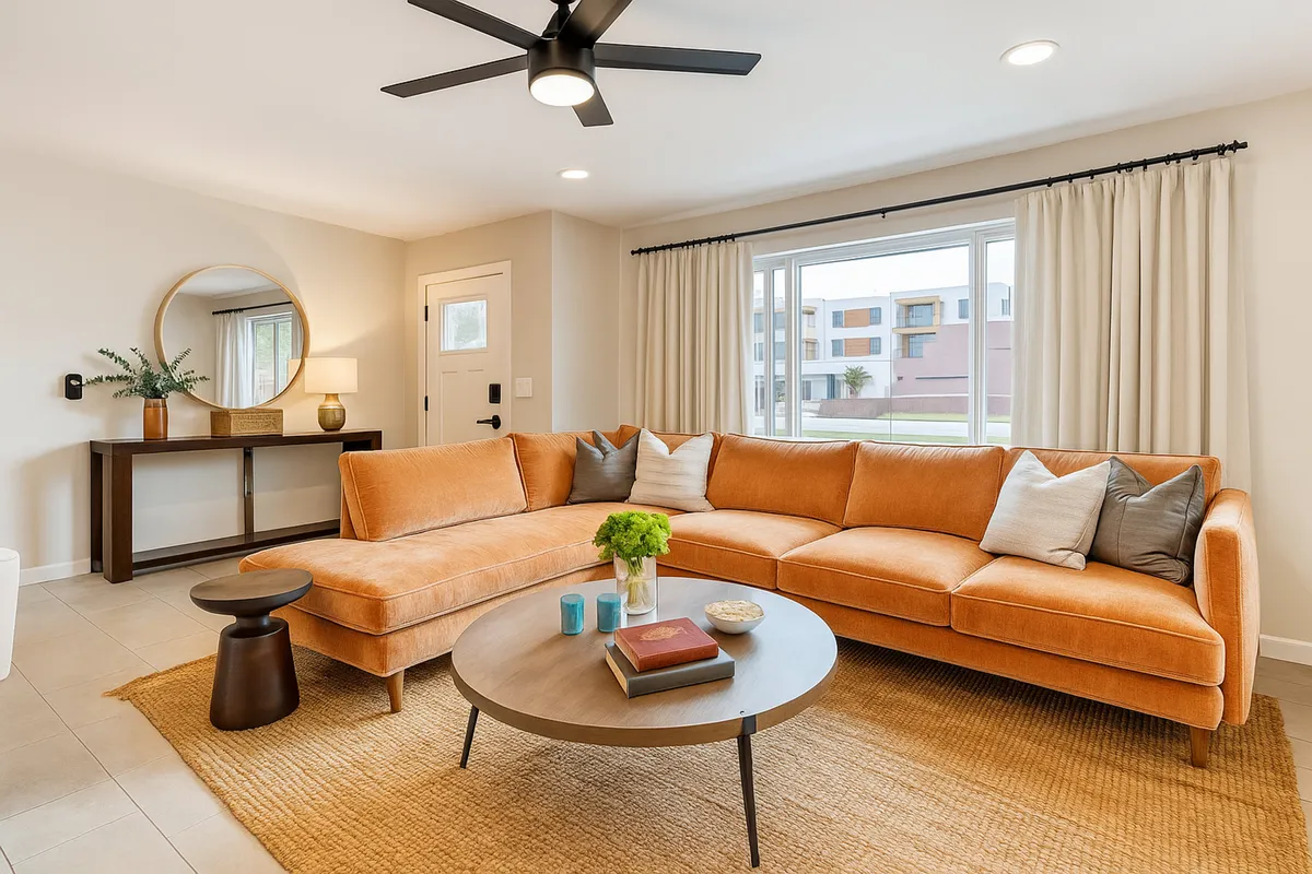 A warm, open living area with an orange sectional sofa, a round coffee table, a large window with curtains letting in natural light, and a decorative mirror. The space feels ideal for relaxing with friends or entertaining guests.