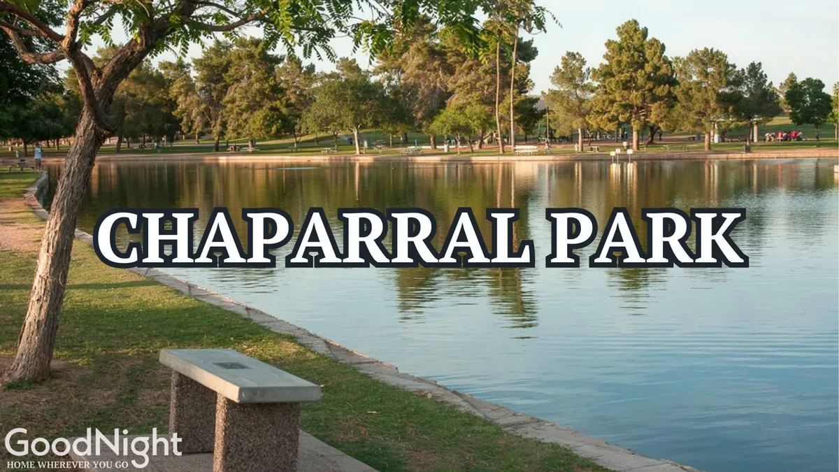 A peaceful park-like setting with a serene lake, park benches shaded by trees, and natural greenery. The scene evokes leisurely strolls, picnics, and quiet moments in nature, perfect for family outings.